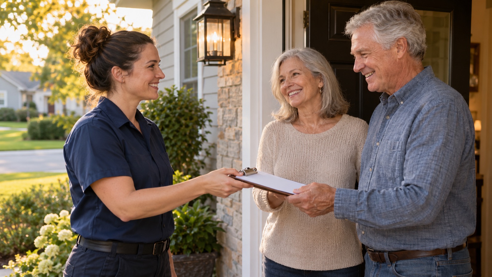 A technician handing paperwork back to a homeowner couple at their front door after a job