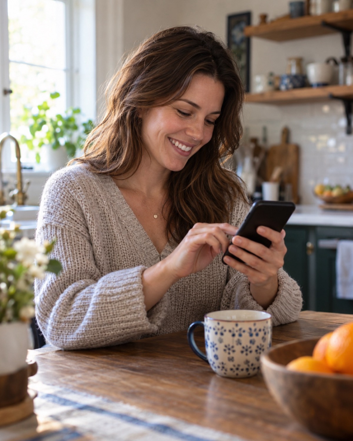 A homeowner at her kitchen table smiling at a message on her phone