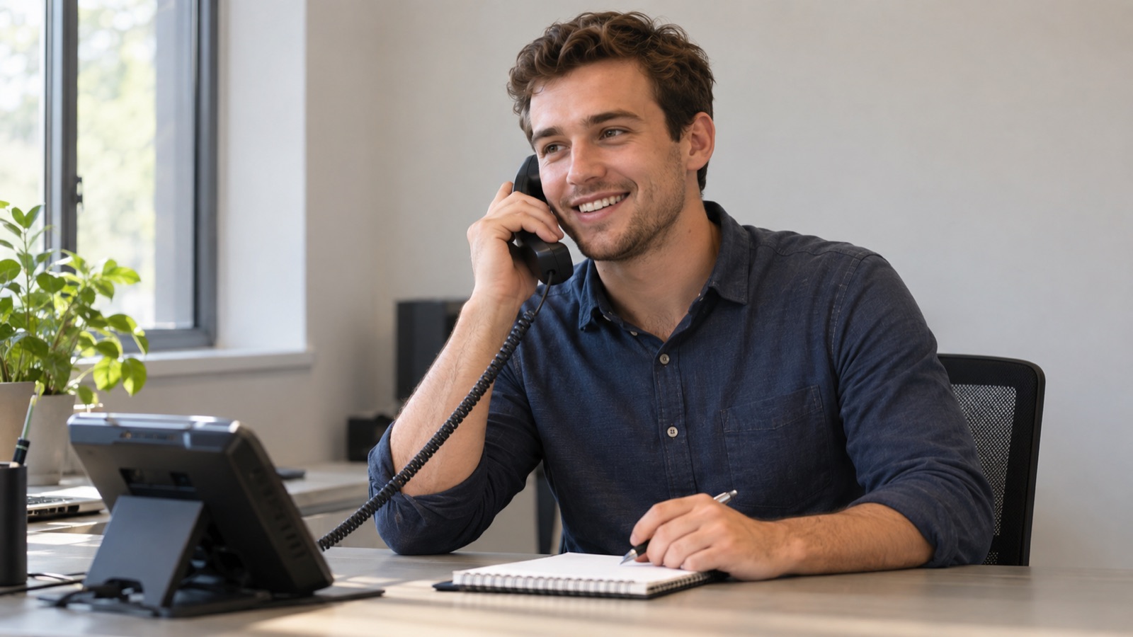 A front office coordinator making a phone call at a small service business