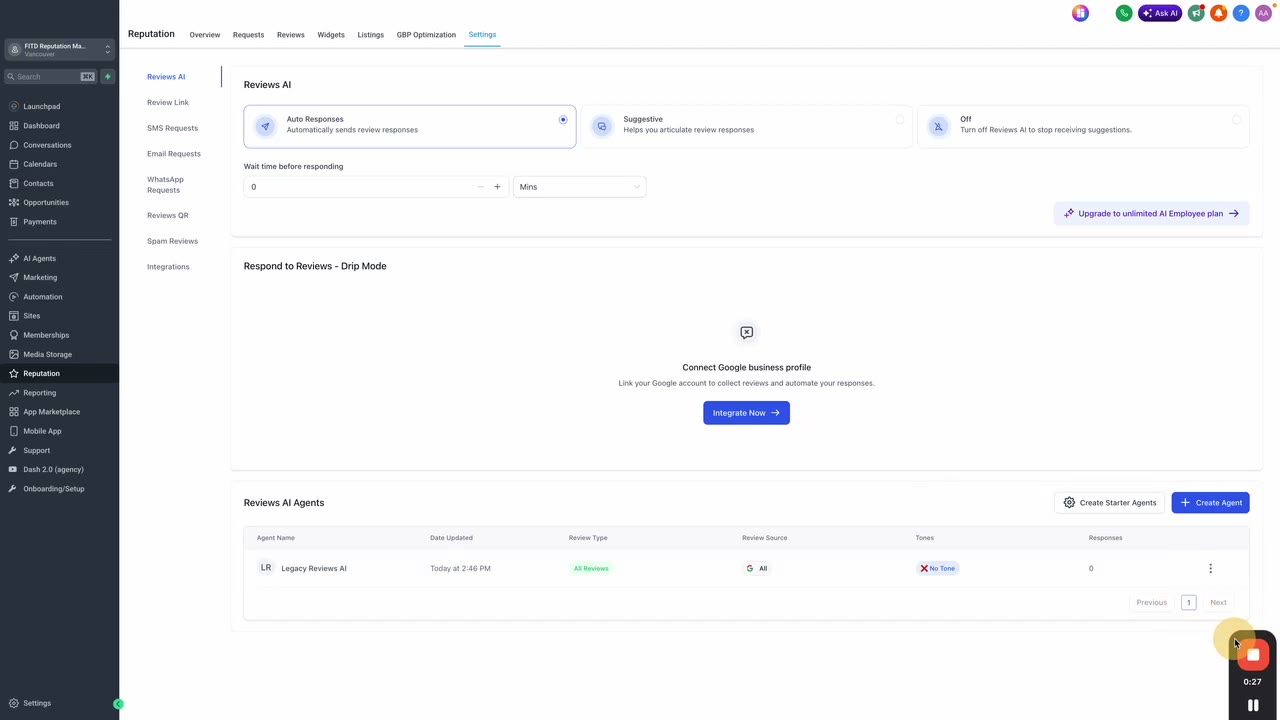 Reviews AI reply settings: automatic, suggested draft, or off