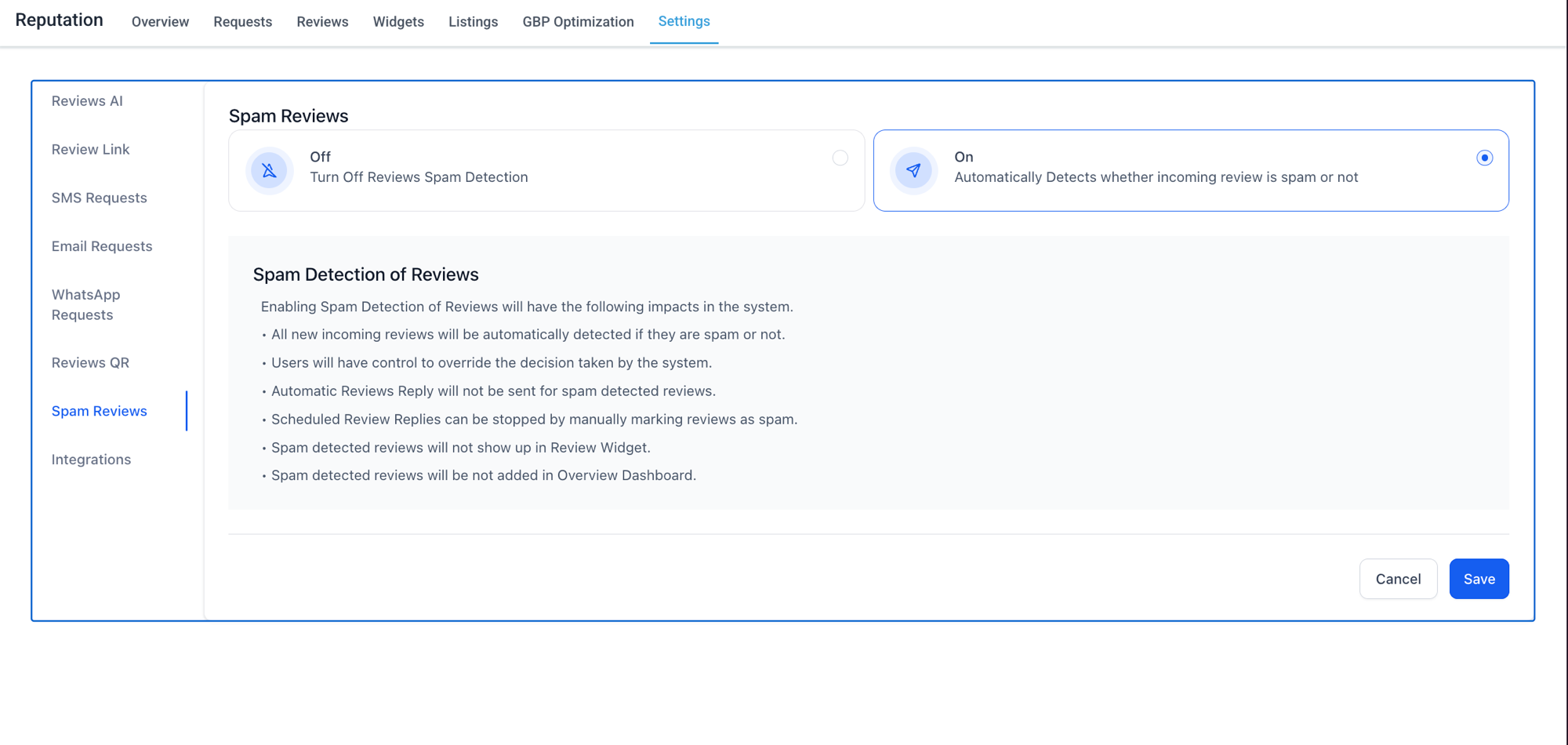 Spam review detection settings