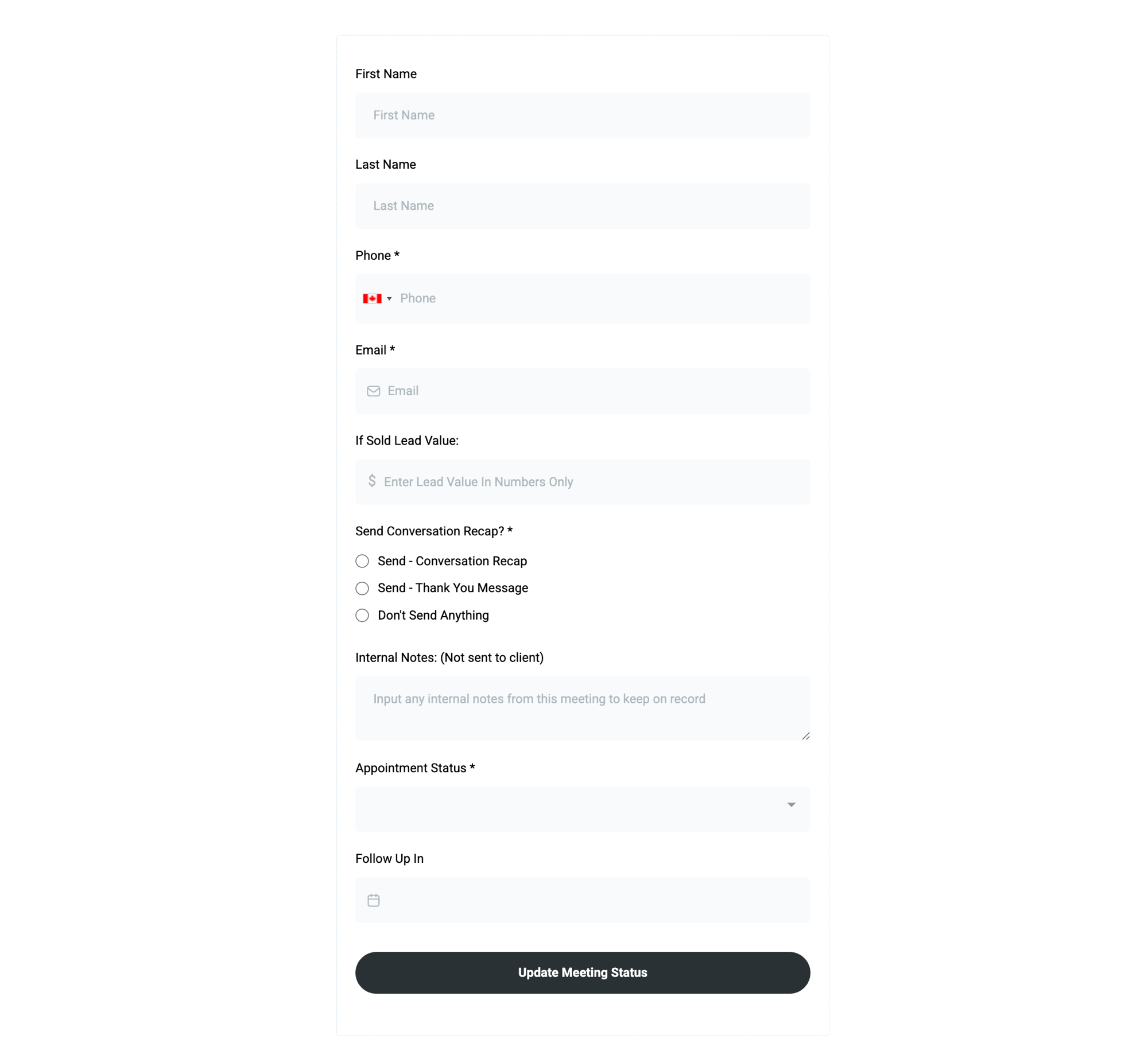 One-click post-call Status Update form